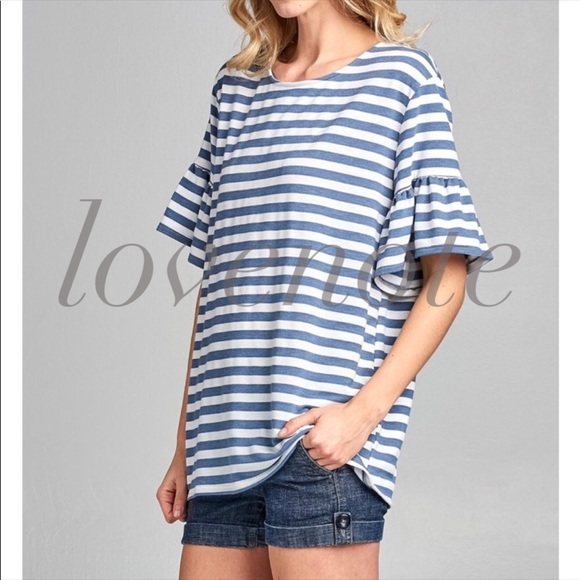 🇺🇸 Short Sleeve Ruffle Sleeve Striped Top Blouse - Picture 3 of 5